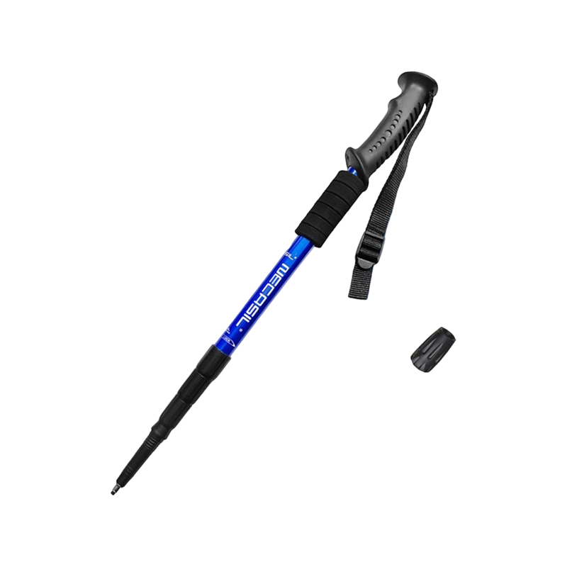 Ultralichte, intern vergrendelbare trekkingstok van aluminiumlegering met rechte handgreep, telescopische riem en schokabsorptie.